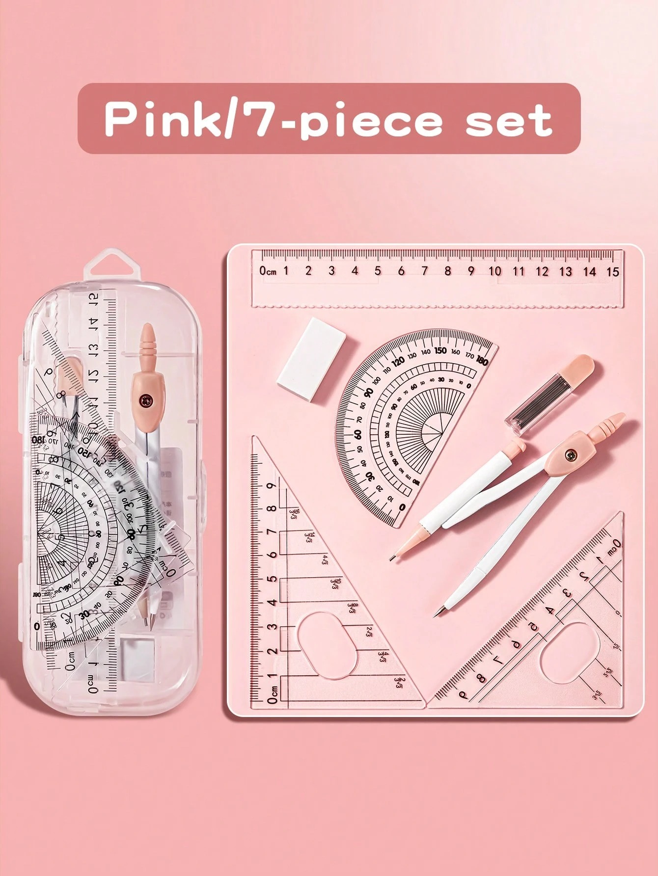 7PCS Mathematical Geometry Set with Compass and Protractor, Complete Student Drawing Kit Including Rulers, Eraser and Pencil Leads, Ideal School Supplies for Math, Exams and Technical Drawing