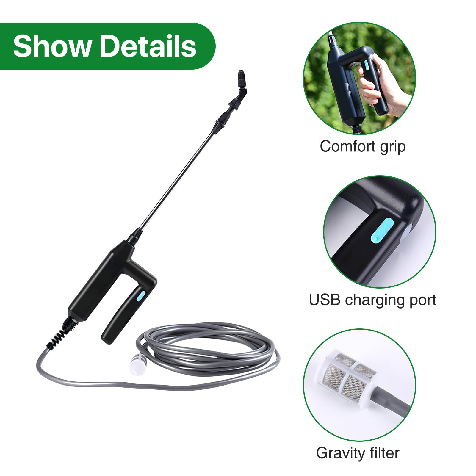Rechargeable Garden Sprayer, Battery Powered Portable Plant Sprayer with Telescopic Wand, 3m Hose and 3 Nozzles for Lawn, Garden, Weed and Farm Spraying