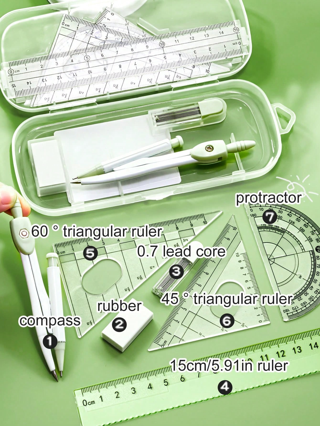 7PCS Mathematical Geometry Set with Compass and Protractor, Complete Student Drawing Kit Including Rulers, Eraser and Pencil Leads, Ideal School Supplies for Math, Exams and Technical Drawing