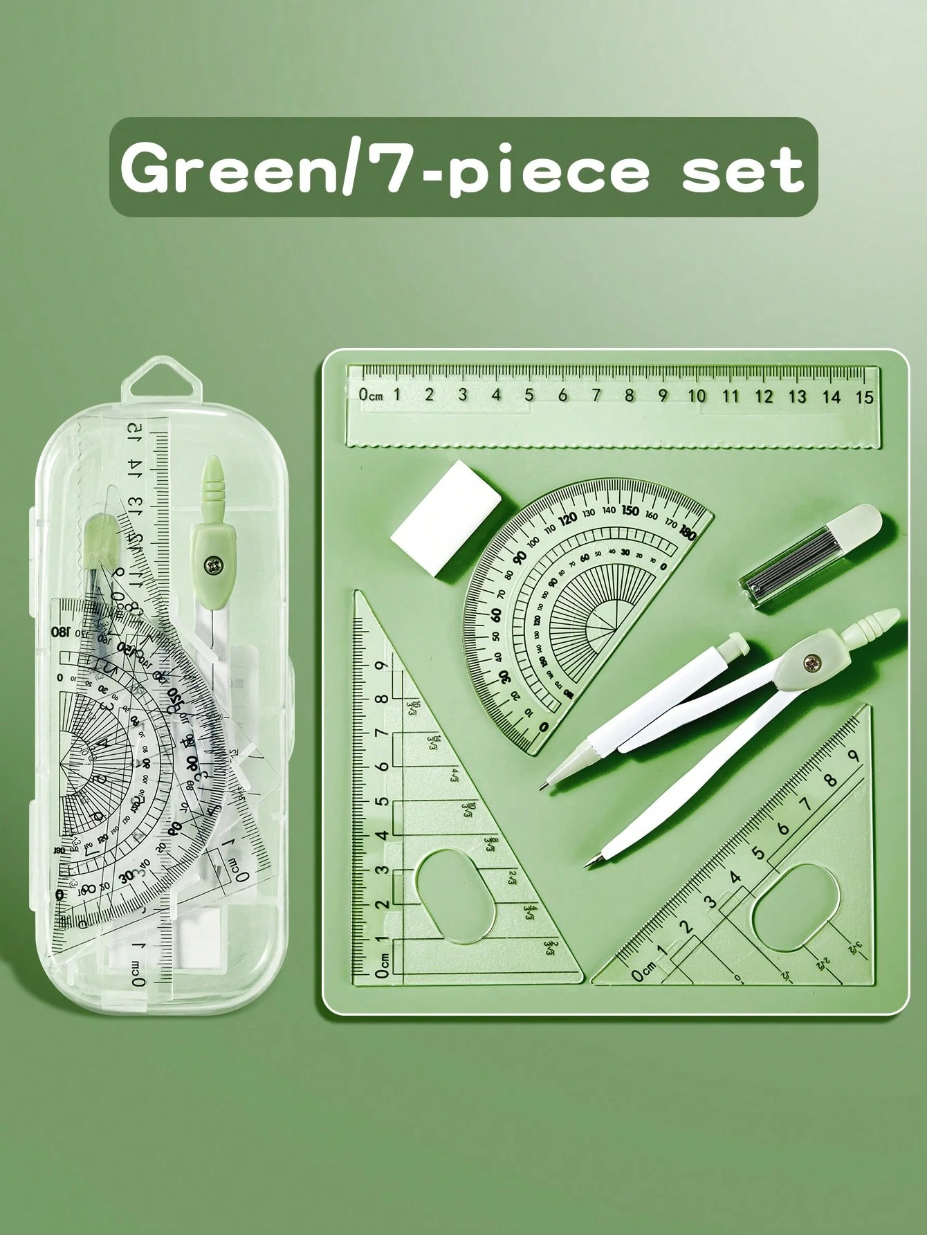 7PCS Mathematical Geometry Set with Compass and Protractor, Complete Student Drawing Kit Including Rulers, Eraser and Pencil Leads, Ideal School Supplies for Math, Exams and Technical Drawing