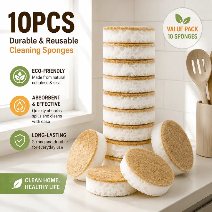 10PCS Kitchen Cleaning Sponge Pads, Durable Dish Washing Scrub Sponges, Reusable Absorbent Scouring Pads for Plates Pots Pans, Multipurpose Household Cleaning Sponge for Kitchen Bathroom Home Use