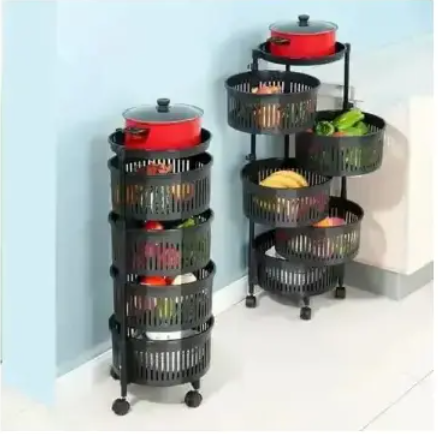 4 Layers Rotatable Fruit Rack Multi-Layer Movable Kitchen Storage Stand for Fruits, Vegetables, Snacks, Household Organization with Round Baskets and Easy Rotation