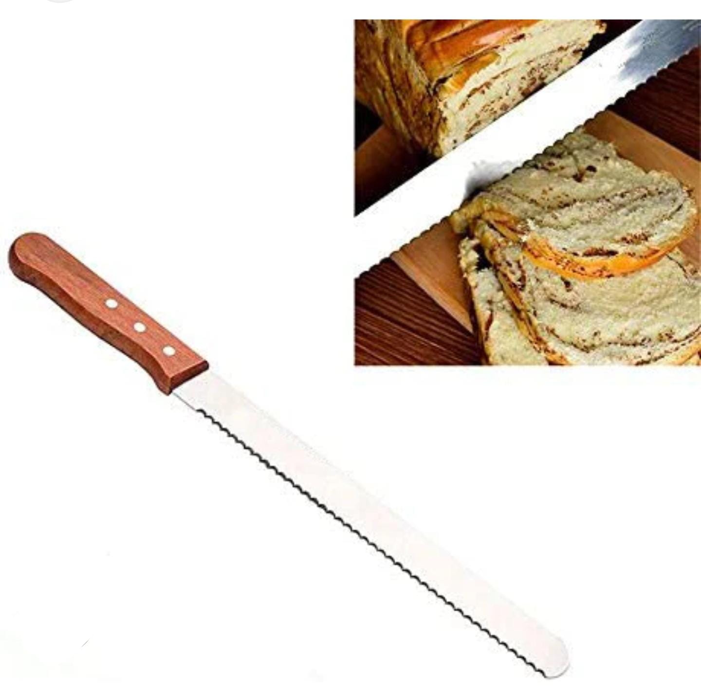 Serrated Kitchen Long Bread Knife with Wooden Handle – Stainless Steel Blade for Slicing Bread, Cakes and Pastries in Homes and Hotels
