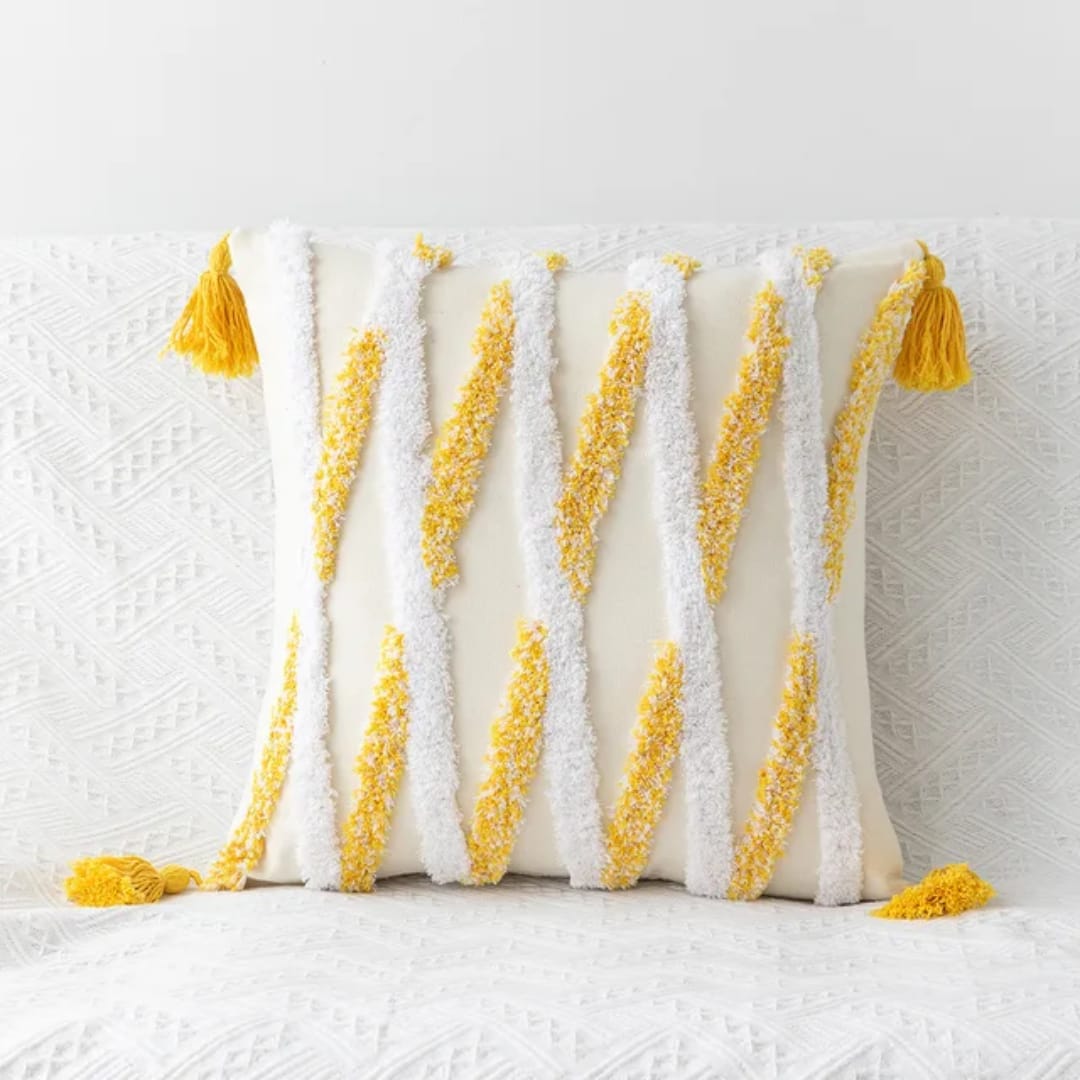 Set of 4pcs Tufted Boho Cushion Cover Size 45x45cm – Cotton Linen Decorative Pillow Case with Textured Tufted Design for Couch, Bed, Living Room or Boho Home Decor