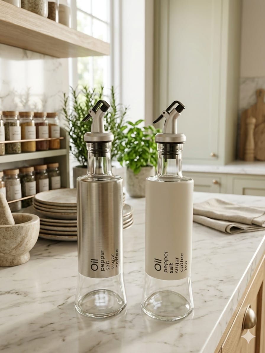 2-Piece Oil and Vinegar Kitchen Automatic Dispenser Set – 500ml Glass Bottles with Stainless Steel Pour Spouts for Cooking and Salad Dressing