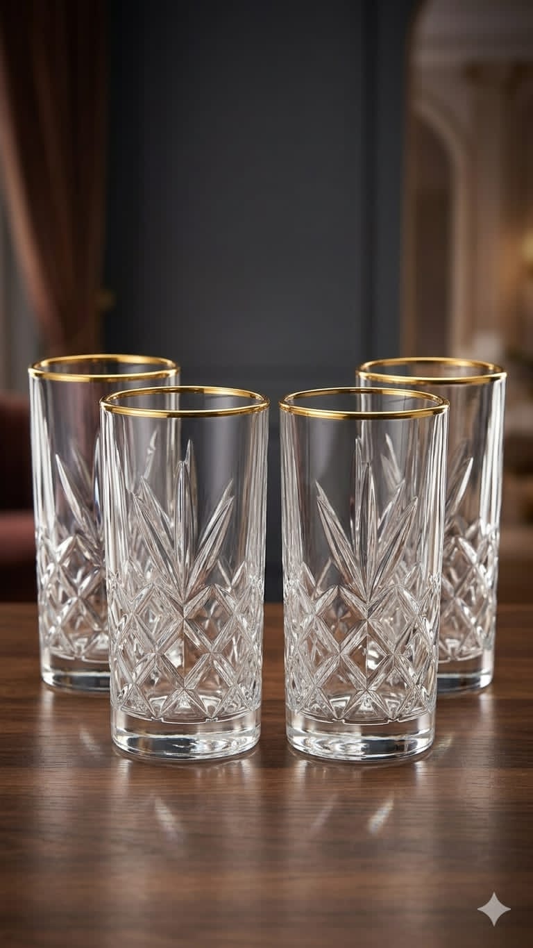 Set of 6PCS Unique Flower Long Glass Crystal Gold Ring Cups – Double Wall High Quality Glass Drinkware Set for Juice, Tea, Coffee & Elegant Home Serving