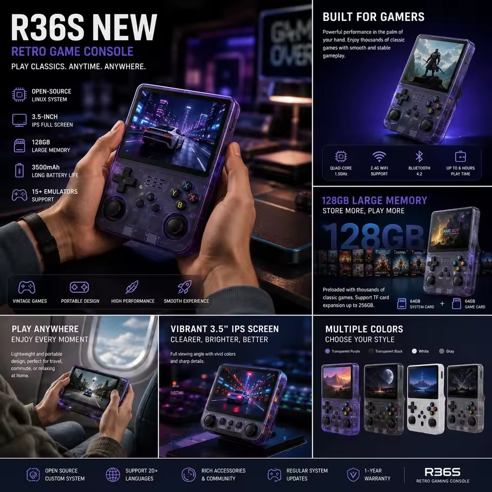 TIMACK R36S Retro Handheld Game Console Linux System 3.5-inch IPS Screen Video Player 64GB 21000+ Games Linux Portable Handheld Game Player