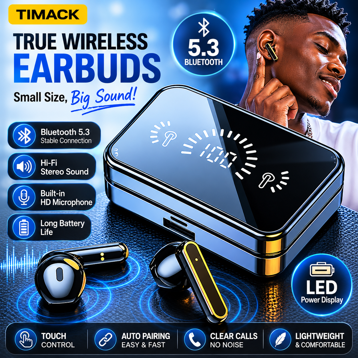 TIMACK S20 Wireless Bluetooth Earphone Noise Cancelling Earpods LED Power Digital Display 5.3 HIFI Stereo Earbuds