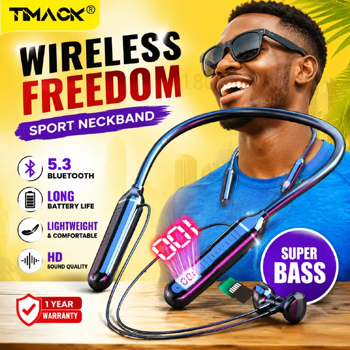 TIMACK Wireless Earphones Bluetooth 5.3 Neckband Headphones Gaming LED Display HIFI Headset Sports TWS Earbuds With Mic TF Card
