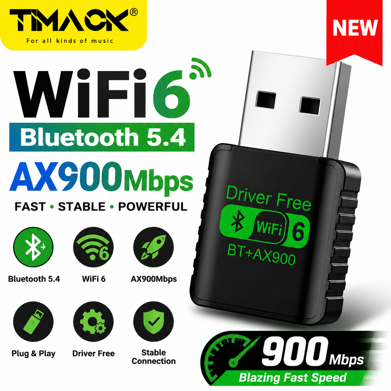 TIMACK 900Mbps USB WiFi Bluetooth 5.4 Adapter 2in1 Dongle Dual Band 2.4G 5GHz USB WiFi 6 Network Wireless Wlan Receiver DRIVER FREE