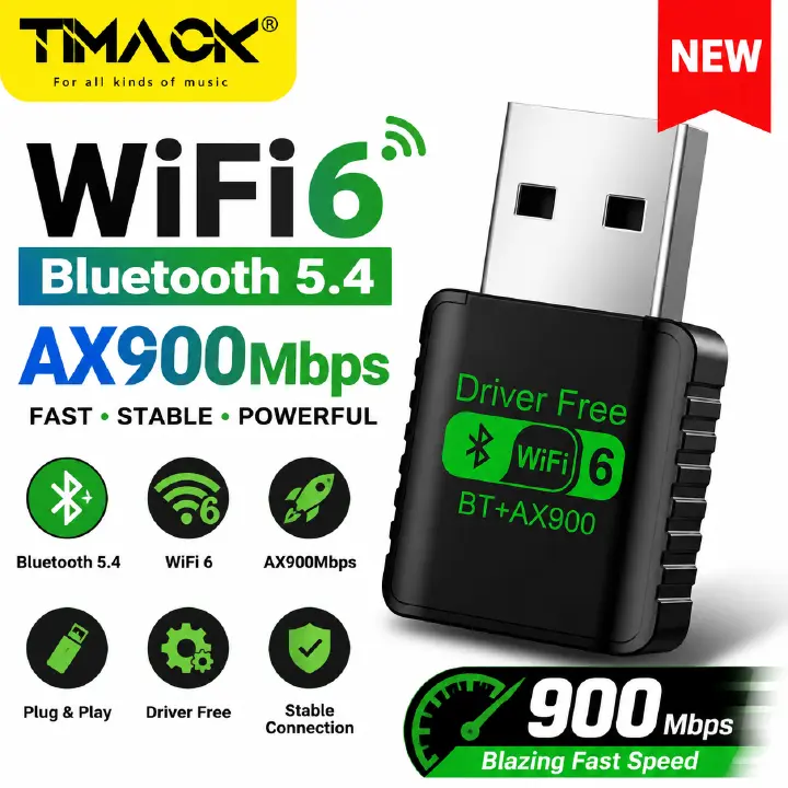 TIMACK 900Mbps USB WiFi Bluetooth 5.4 Adapter 2in1 Dongle Dual Band 2.4G 5GHz USB WiFi 6 Network Wireless Wlan Receiver DRIVER FREE
