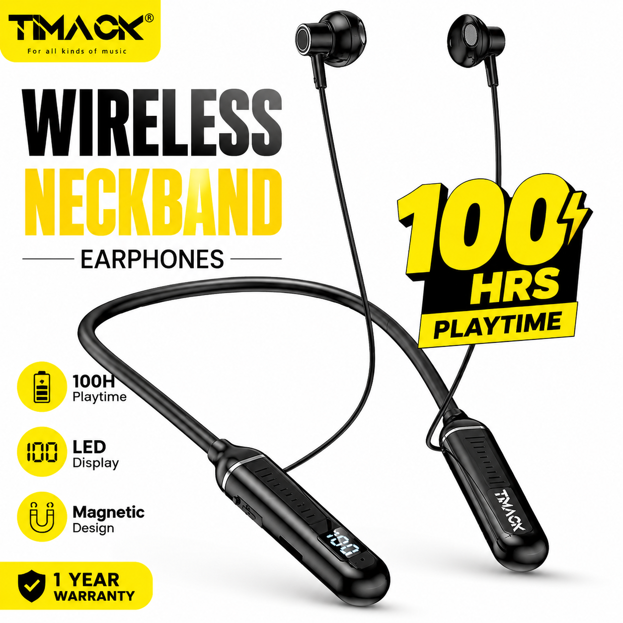 TIMACK Wireless Earphones Bluetooth 5.3 Neckband Headphones Gaming LED Display HIFI Headset Sports TWS Earbuds With Mic TF Card