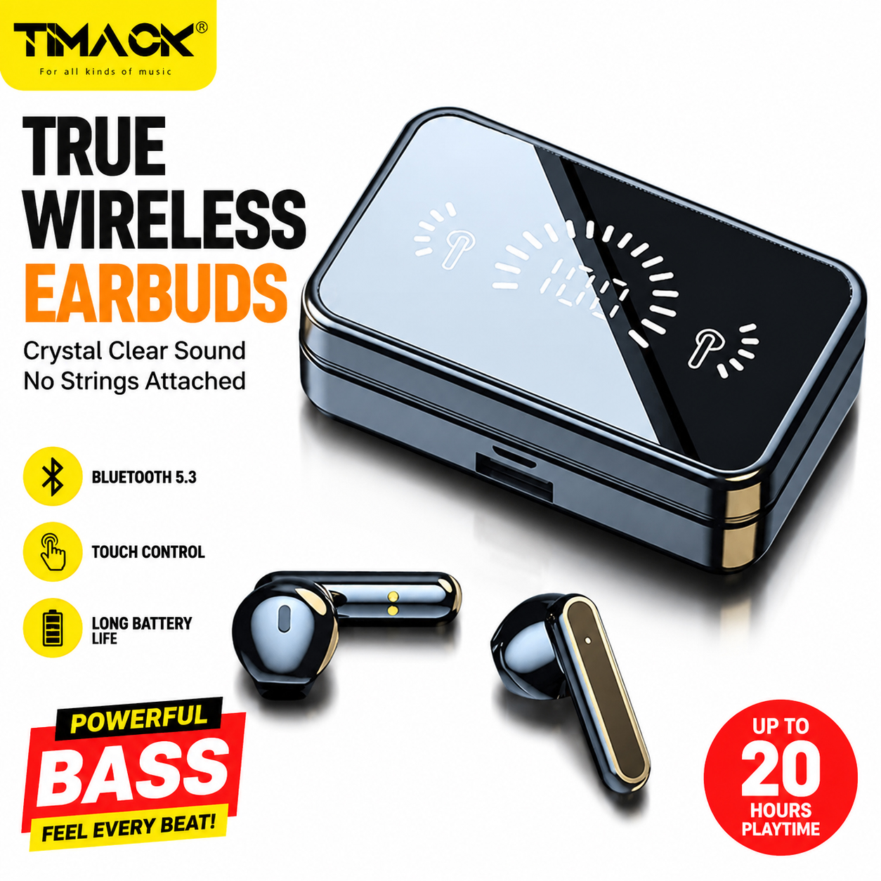TIMACK S20 Wireless Bluetooth Earphone Noise Cancelling Earpods LED Power Digital Display 5.3 HIFI Stereo Earbuds