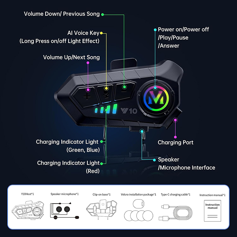 TIMACK Y10 Bluetooth 5.3 Helmet Headset Wireless Hands-free Call Phone Kit Motorcycle Waterproof Earphone Music Player Speaker for Moto