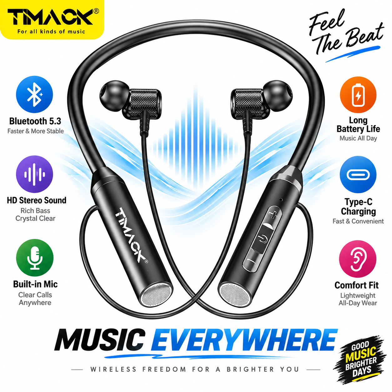 TIMACK G01 Wireless Bluetooth Earphones TWS 9D Stereo Surround Headphone Magnetic Sport Neckband Headset Neck-hanging Earbuds with Mic