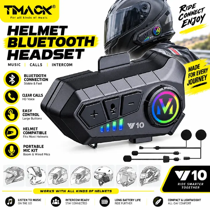 TIMACK Y10 Bluetooth 5.3 Helmet Headset Wireless Hands-free Call Phone Kit Motorcycle Waterproof Earphone Music Player Speaker for Moto