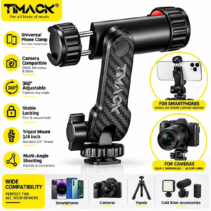 TIMACK CP10 For Samsung iPhone Xiaomi Cellphone Universal 360° Mobile Phone Clip Holder for 1/4 Screw Tripod Mount Adapter
