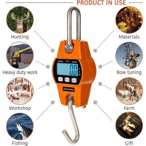 High Quality 300 KG Digital Hanging Digital Weigh Scale With Accurate Sensors, Handheld 300Kg Mini Crane Scale With Hooks For Meat Butchery Farm Hunting