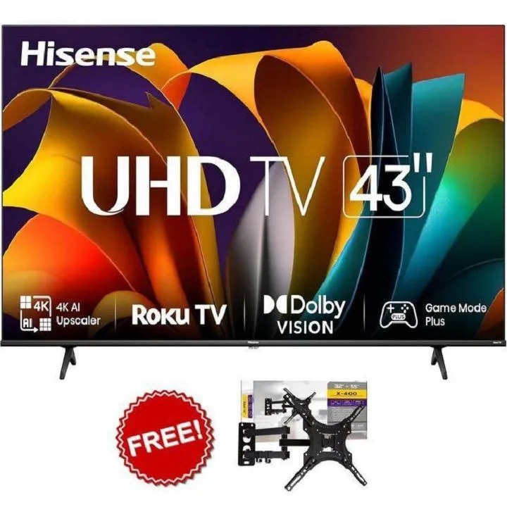 Hisense 43'' Inch SMART TV 4K ULTRA HD TV 43A6Q series,(2026 MODEL ),BLUETOOTH ENABLED TELEVISION, HDR Frameless,Netflix-Youtube LED TV,DOLBY AUDIO,VIDAA OS HISENSE43+ FREE TILT WALL MOUNTING BRACKET