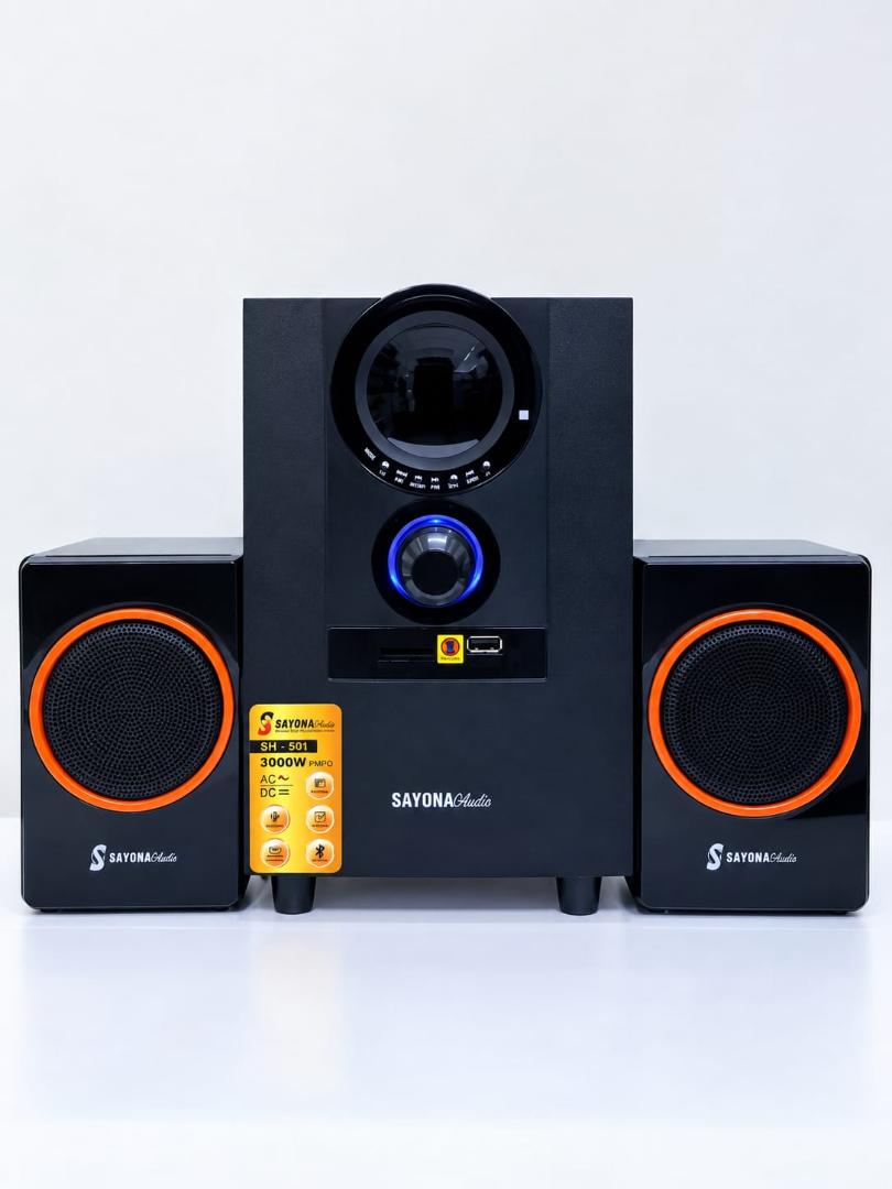 The Sayona (SHT-S01 / SH-501) SHT-S01 2.1CH Subwoofer. Multimedia Speaker System / Subwoofer Sayona HOMETHEATRE Woofer system  .AC/DC  capability  With Bluetooth function and Has FM radio.3000W PMPO (