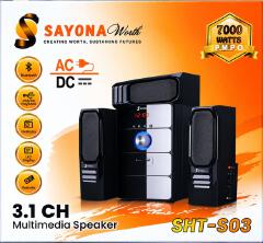 Sayona Worth SHT-S03 3.1 Channel Multimedia Subwoofer Speaker System – 7000W PMPO, Bluetooth, USB/SD Playback, FM Radio, AC/DC Dual Power & Remote Control.3.1CH WOOFER HOMETHEATRE BLUETOOTH SPEAKER