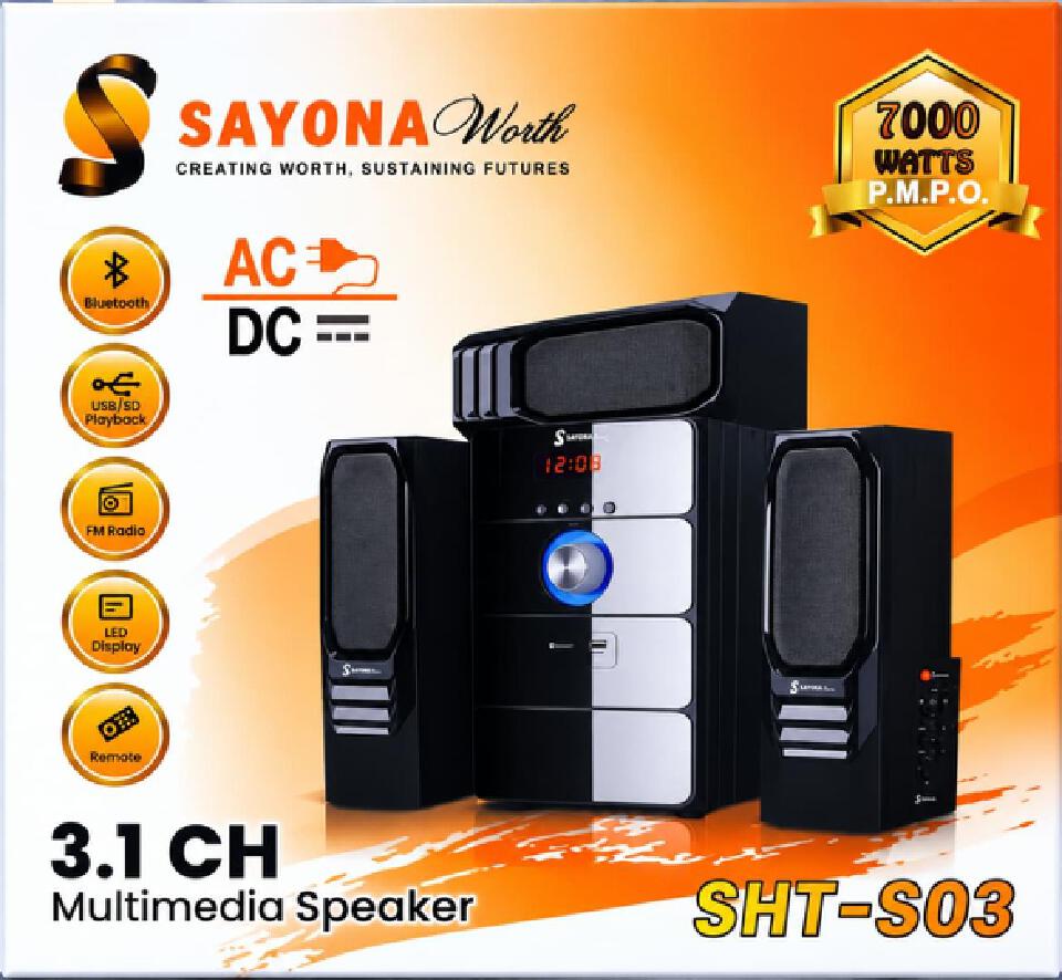 Sayona Worth SHT-S03 3.1 Channel Multimedia Subwoofer Speaker System – 7000W PMPO, Bluetooth, USB/SD Playback, FM Radio, AC/DC Dual Power & Remote Control.3.1CH WOOFER HOMETHEATRE BLUETOOTH SPEAKER