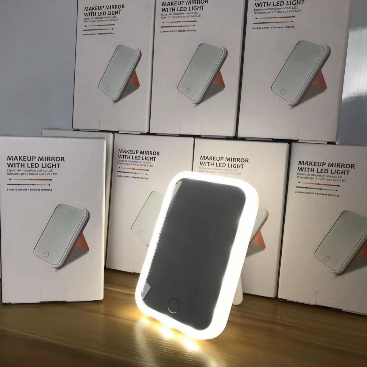 Hot selling LED makeup mirror for dormitory desktop high-definition tri color light mirror, portable and portable folding repair