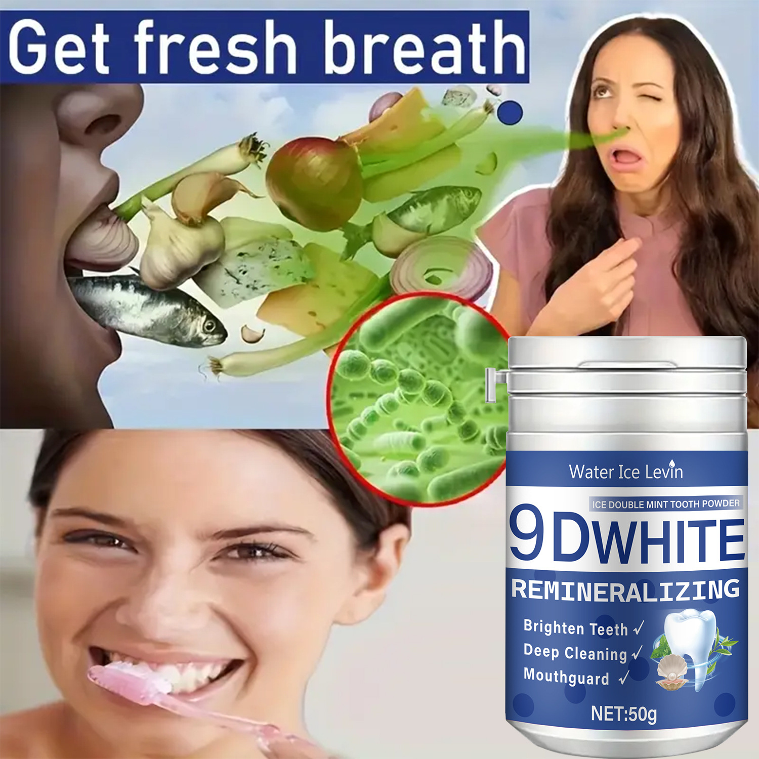 Water Ice Levin Tooth Whitening Powder Tooth Cleaning Freshens Breath Oral Care Tooth Cleaning Powder 50g