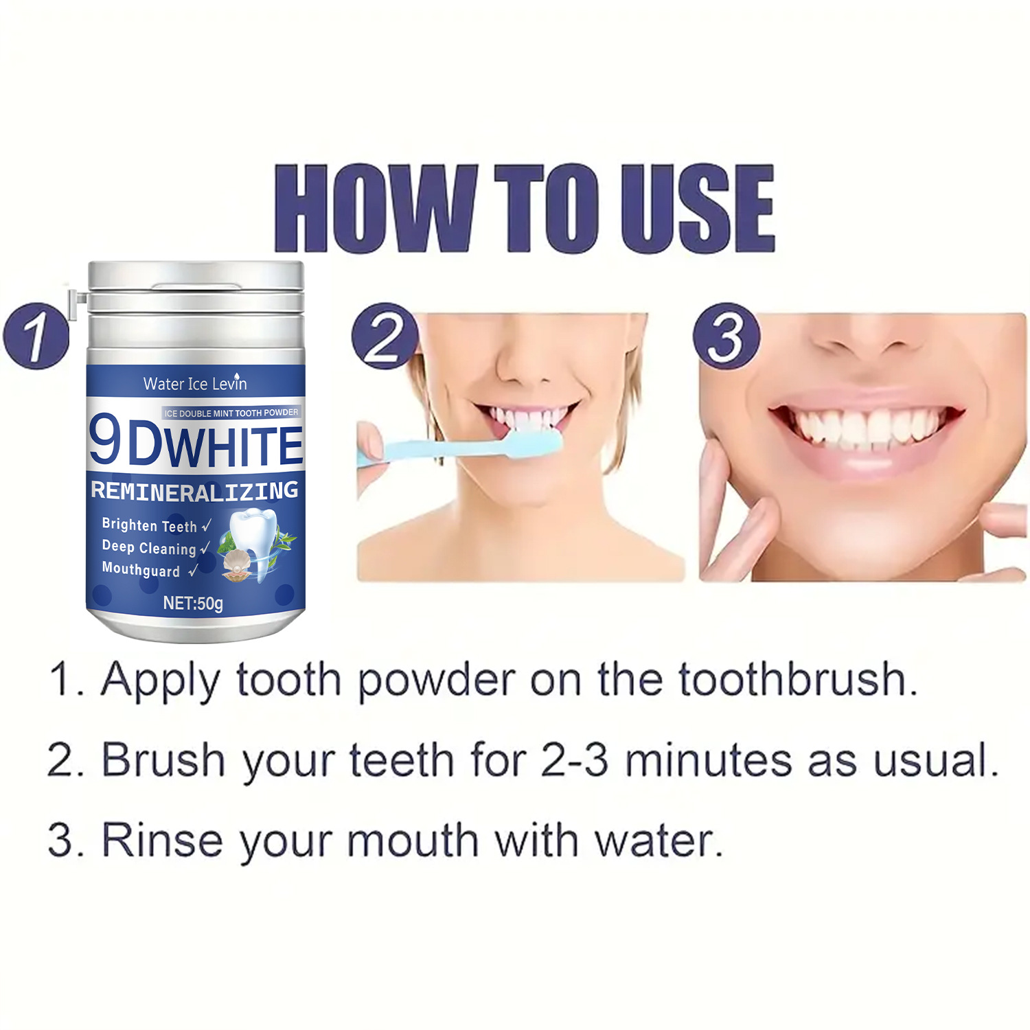 Water Ice Levin Tooth Whitening Powder Tooth Cleaning Freshens Breath Oral Care Tooth Cleaning Powder 50g