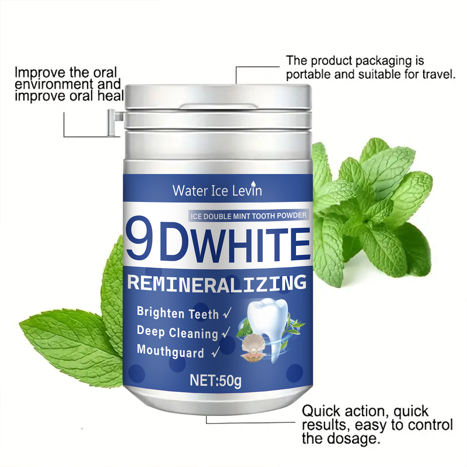 Water Ice Levin Tooth Whitening Powder Tooth Cleaning Freshens Breath Oral Care Tooth Cleaning Powder 50g