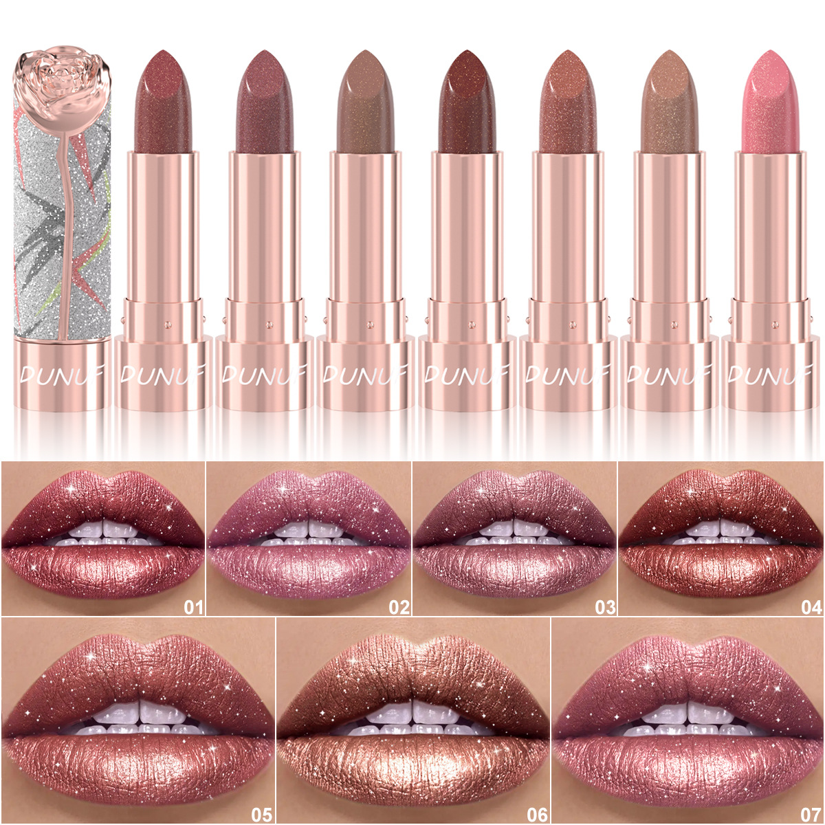 DUNUF7 Color Pearlescent Metallic Gloss Lipstick Gold Sparkle Three Dimensional Explosion Sparkling Pearlescent Sparkling Lipstick