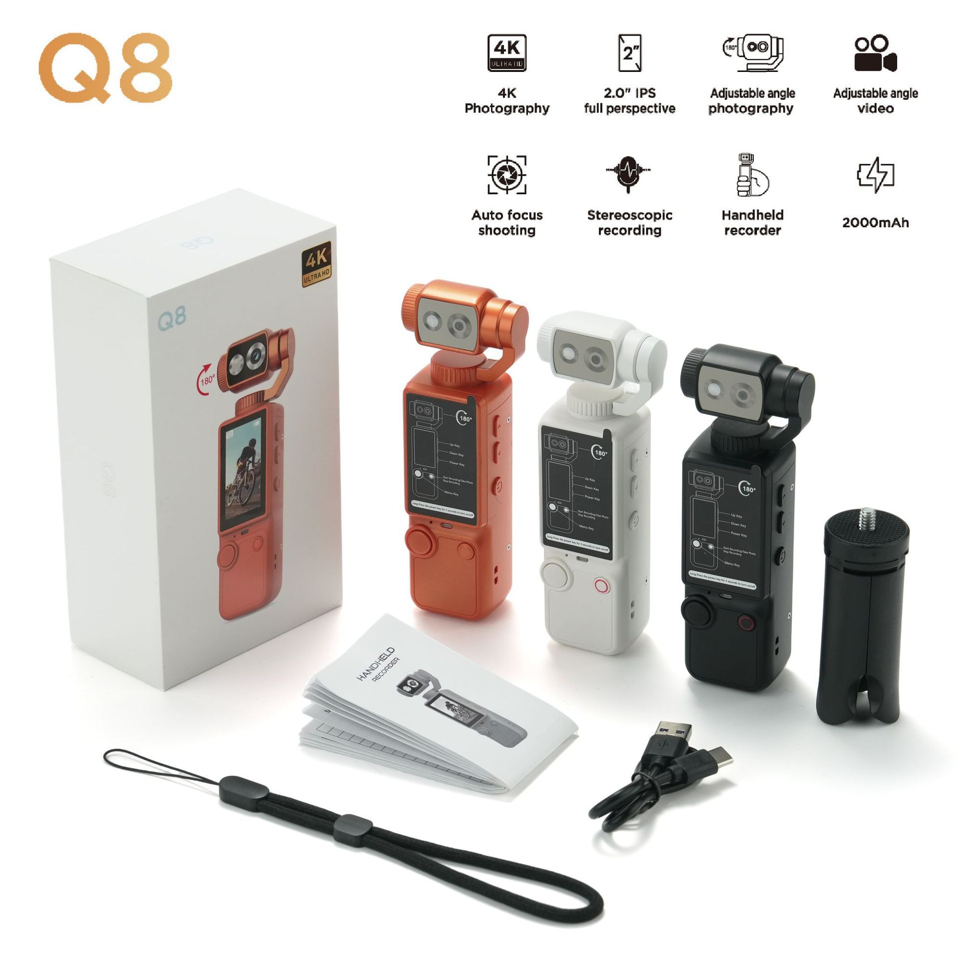Cross-border Q8 handheld outdoor sports camera, ultra-clear autofocus, conference recording, portable, pocket-sized video camera