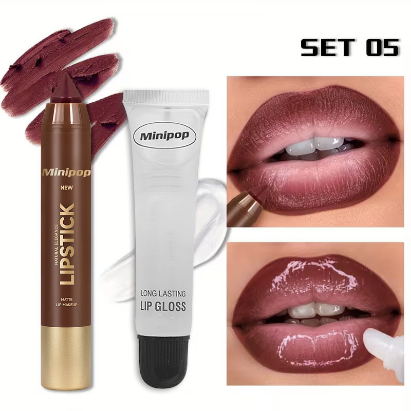 MINIPOP Lip Color Lip Oil Two Pack Matte Mist Mouth Red Lip Liner Pen Waterproof Lasting Makeup view 9