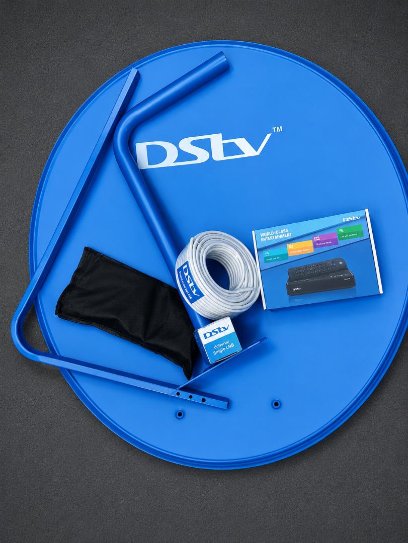 DStv Complete Kit – HD Decoder + Satellite Dish + Accessories -Includes everything needed to set up DStv at home, Supports high‑definition viewing with parental control and TV guide.
