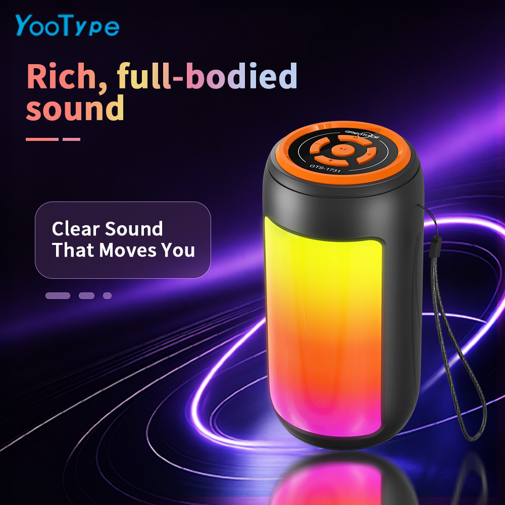 Portable Bluetooth Speaker YooType BT Woofer GTS1731 RGB Colorful Lights FM Radio Wireless Soundbox High Bass TWS USB TF Card Playback 360 Surround Sound Outdoor Party Subwoofer Loudspeaker Black