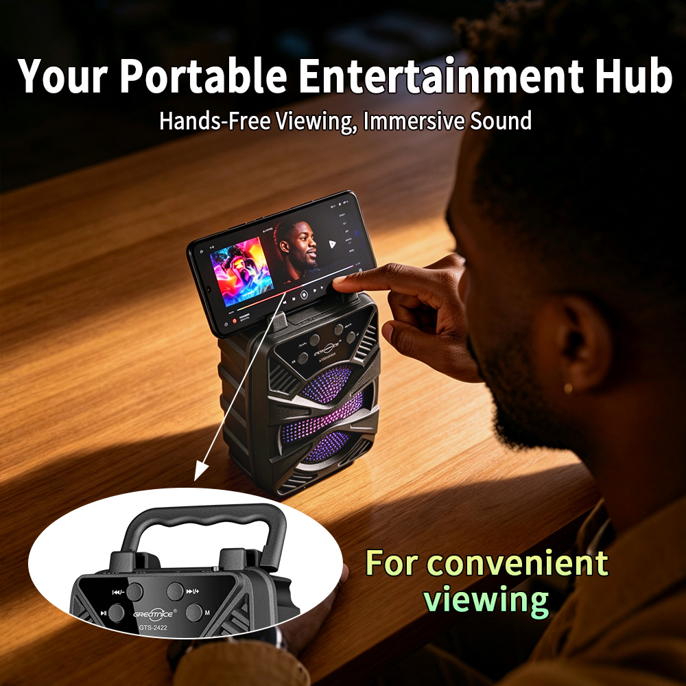 Portable Bluetooth Speaker YooType BT Speaker GTS2422 with Phone Holder Stand 5W Wireless Soundbox RGB Light High Bass TWS USB TF Card Playback FM Radio 360 Surround Sound Outdoor Party Home Media