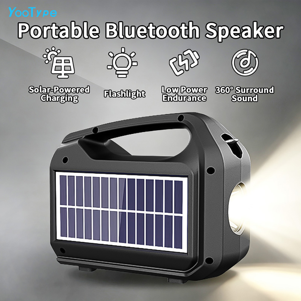 YooType Solar Charging Speakers Portable Wireless Bluetooth Speaker with Emergency Light Flashlight & Solar Panel & FM Radio TWS USB Playback TF Card Sound Box 1200mAh Waterproof Design Black