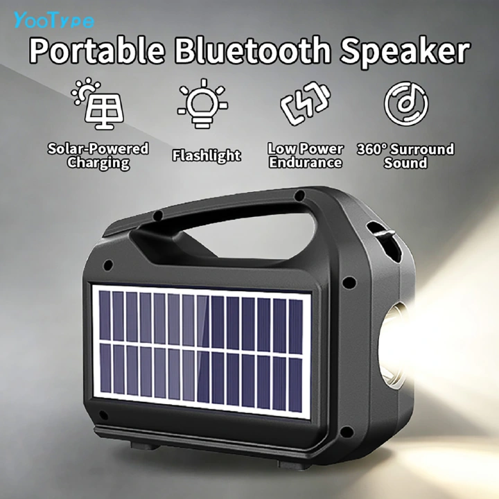 YooType Solar Charging Speakers Portable Wireless Bluetooth Speaker with Emergency Light Flashlight & Solar Panel & FM Radio TWS USB Playback TF Card Sound Box 1200mAh Waterproof Design Black