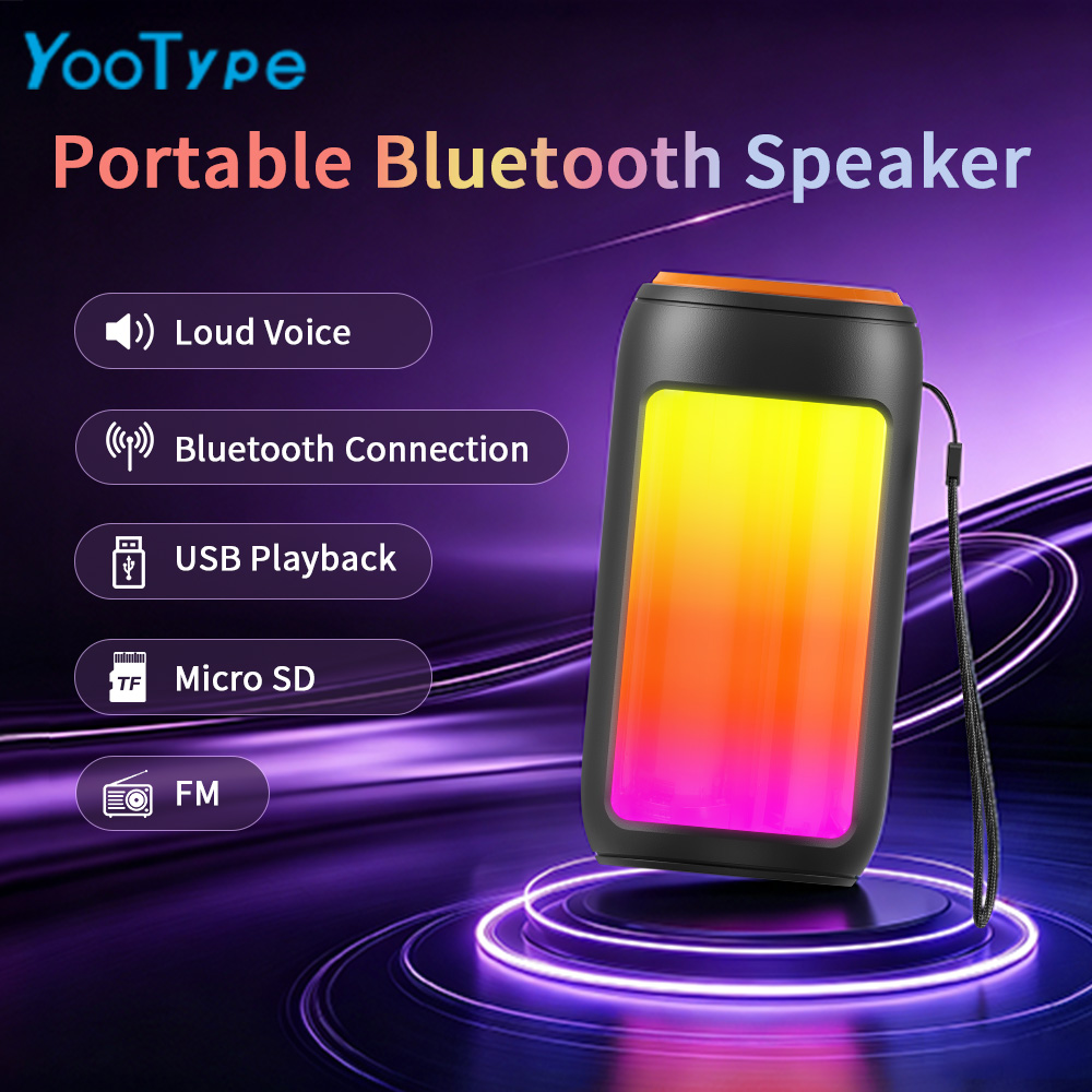 Portable Bluetooth Speaker YooType BT Woofer GTS1731 RGB Colorful Lights FM Radio Wireless Soundbox High Bass TWS USB TF Card Playback 360 Surround Sound Outdoor Party Subwoofer Loudspeaker Black