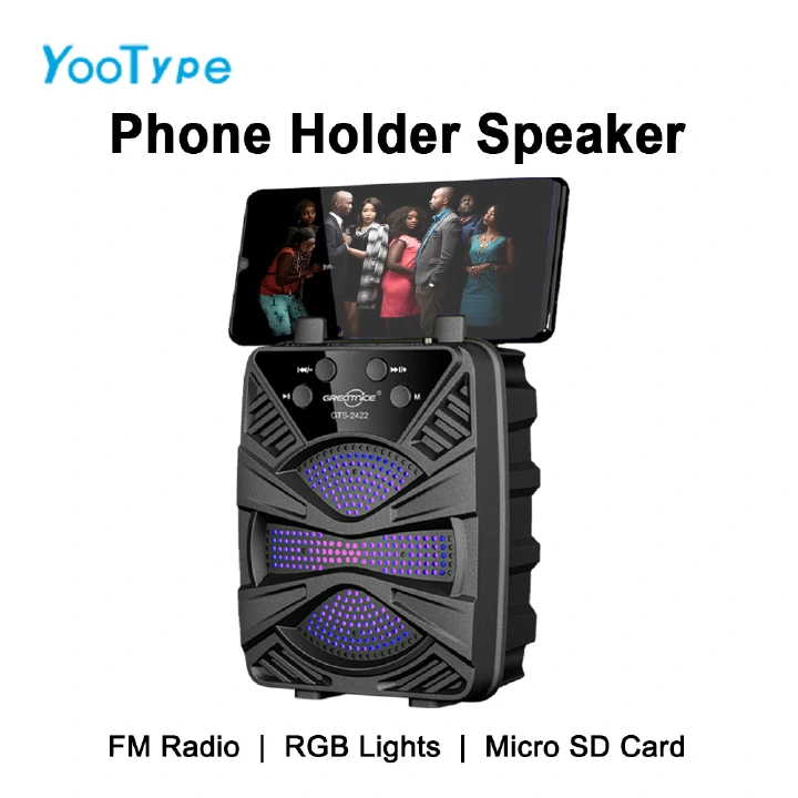Portable Bluetooth Speaker YooType GTS2422 with Phone Holder Stand 5W Wireless Soundbox RGB Light High Bass TWS USB TF Card Playback FM Radio 360 Surround Sound Outdoor Party Home Media Black