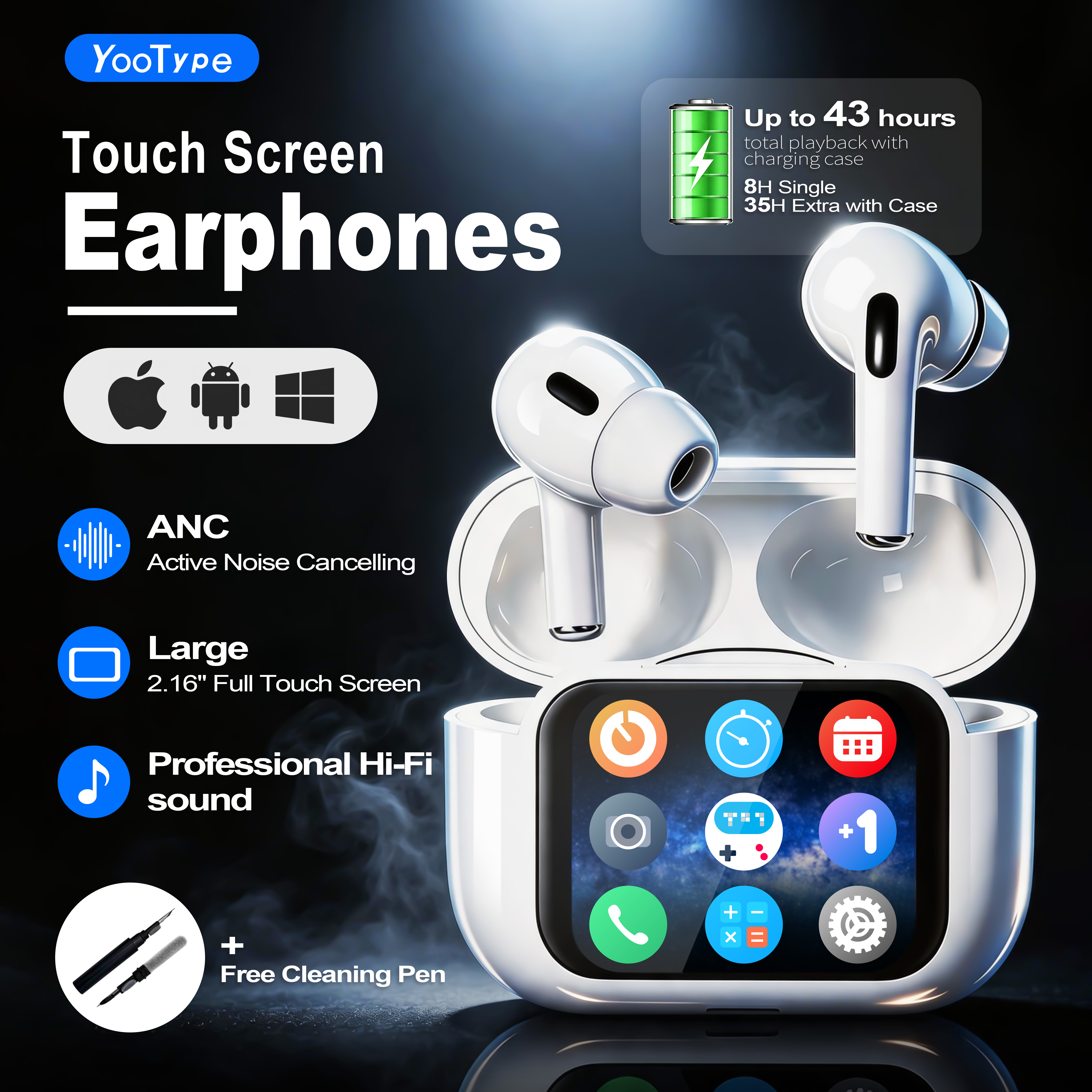 YooType E11 Smart Touch Screen APP Control ANC ENC Wireless Earphones 40H Playtime Find Earbuds TWS Earpods for iPhone Tecno [+Free Cleaning Pen]