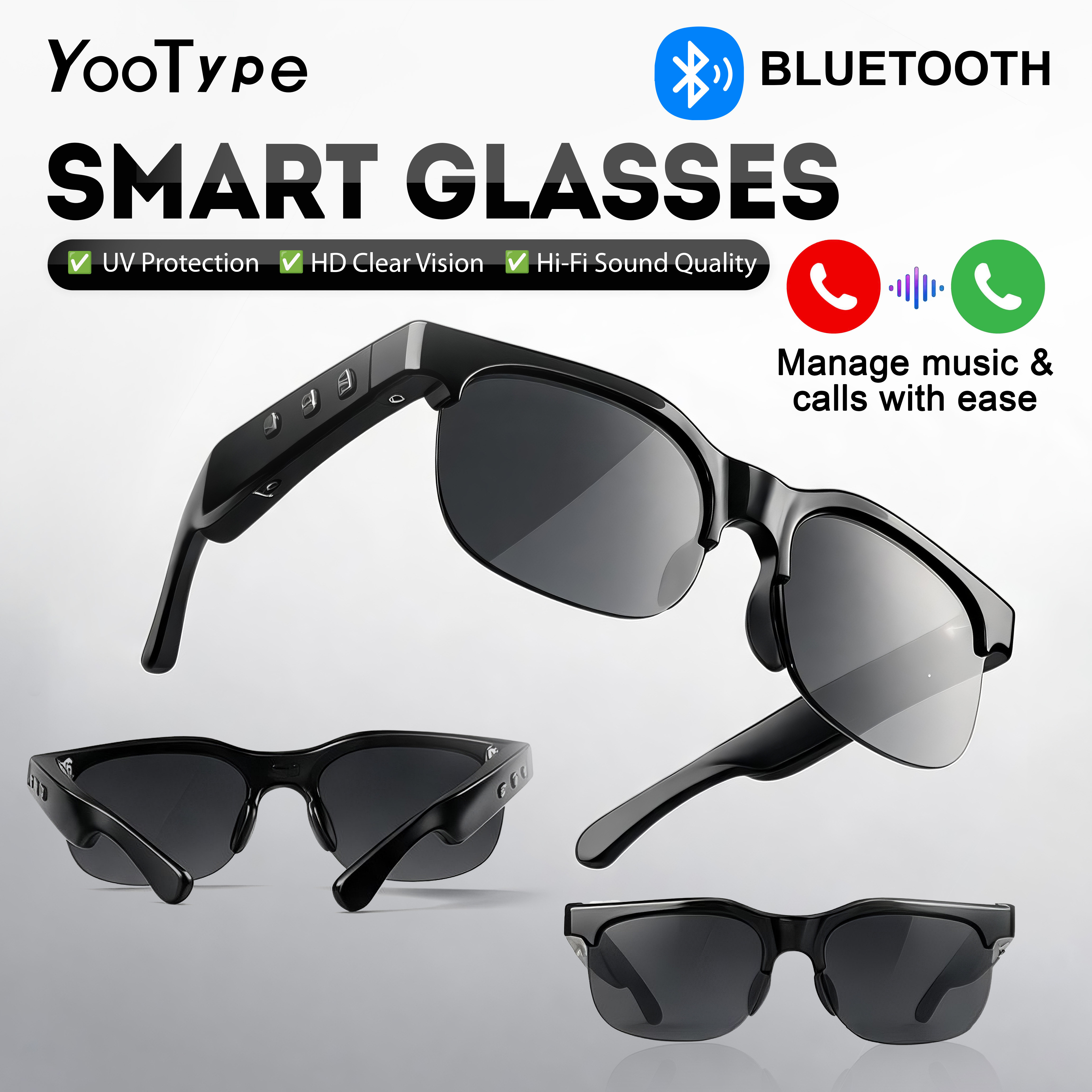 YooType YJ-02 Smart Glasses Audio Wireless Bluetooth Sunglasses Open Ear Mic Calling Music IPX4 Waterproof Polarized UV400 Outdoor Travel Driving Cycling Sport Headphones for Men Women iOS Android