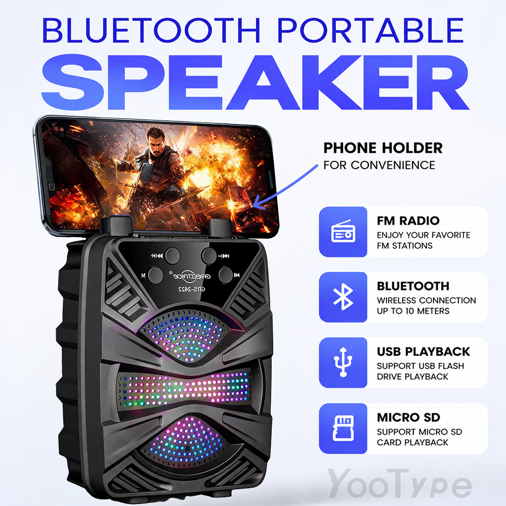Portable Bluetooth Speaker YooType BT Speaker GTS2422 with Phone Holder Stand 5W Wireless Soundbox RGB Light High Bass TWS USB TF Card Playback FM Radio 360 Surround Sound Outdoor Party Home Media