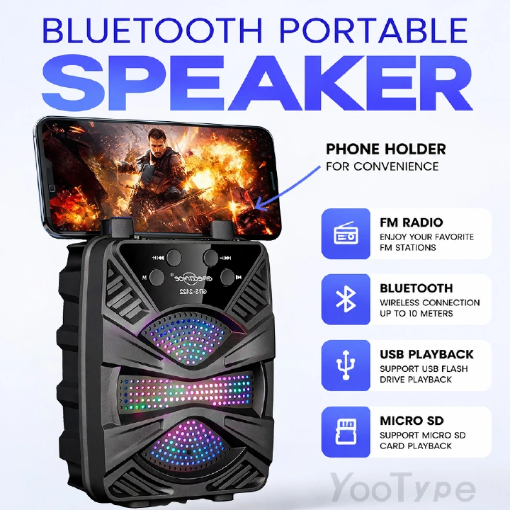 Portable Bluetooth Speaker YooType BT Speaker GTS2422 with Phone Holder Stand 5W Wireless Soundbox RGB Light High Bass TWS USB TF Card Playback FM Radio 360 Surround Sound Outdoor Party Home Media