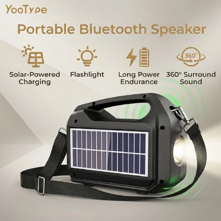 YooType Solar Charging Speakers Portable Wireless Bluetooth Speaker with Emergency Light Flashlight & Solar Panel & FM Radio TWS USB Playback TF Card Sound Box 1200mAh Waterproof Design Black