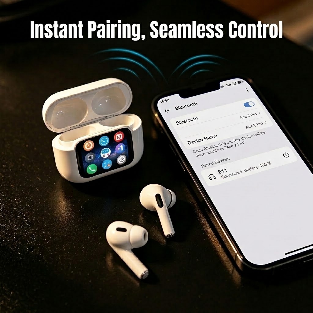 YooType E11 Smart Touch Screen APP Control ANC ENC Wireless Earphones 40H Playtime Find Earbuds TWS Earpods for iPhone Tecno [+Free Cleaning Pen]