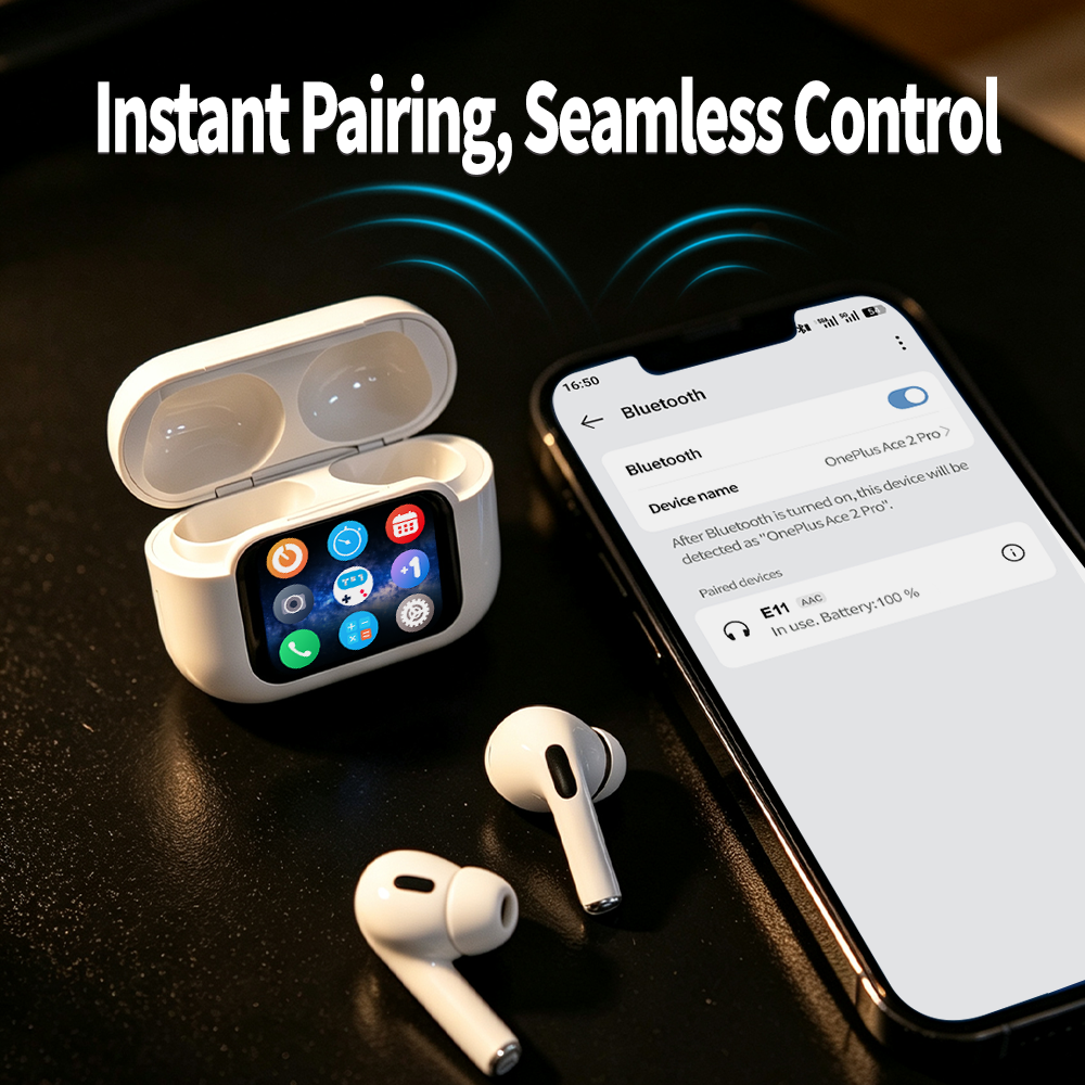YooType E11 Smart Touch Screen ANC ENC True Wireless Earbuds Find Earbuds Bluetooth 5.4 Low Latency for iPhone Tecno