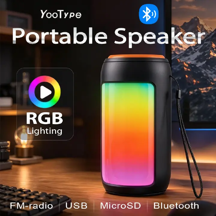 Portable Bluetooth Speaker YooType BT Woofer RGB Colorful Lights FM Radio Wireless Soundbox High Bass TWS USB TF Card Playback 360 Surround Sound Outdoor Party Subwoofer Loudspeaker Black