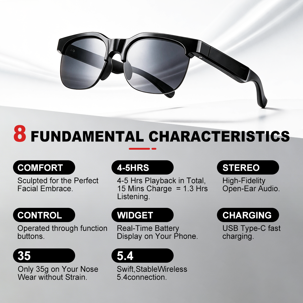 YooType Smart Glasses Audio Wireless Bluetooth Sunglasses Open Ear Mic Calling Music IPX4 Waterproof Polarized UV400 Outdoor Travel Driving Cycling Sport Headphones for Men Women iOS Android