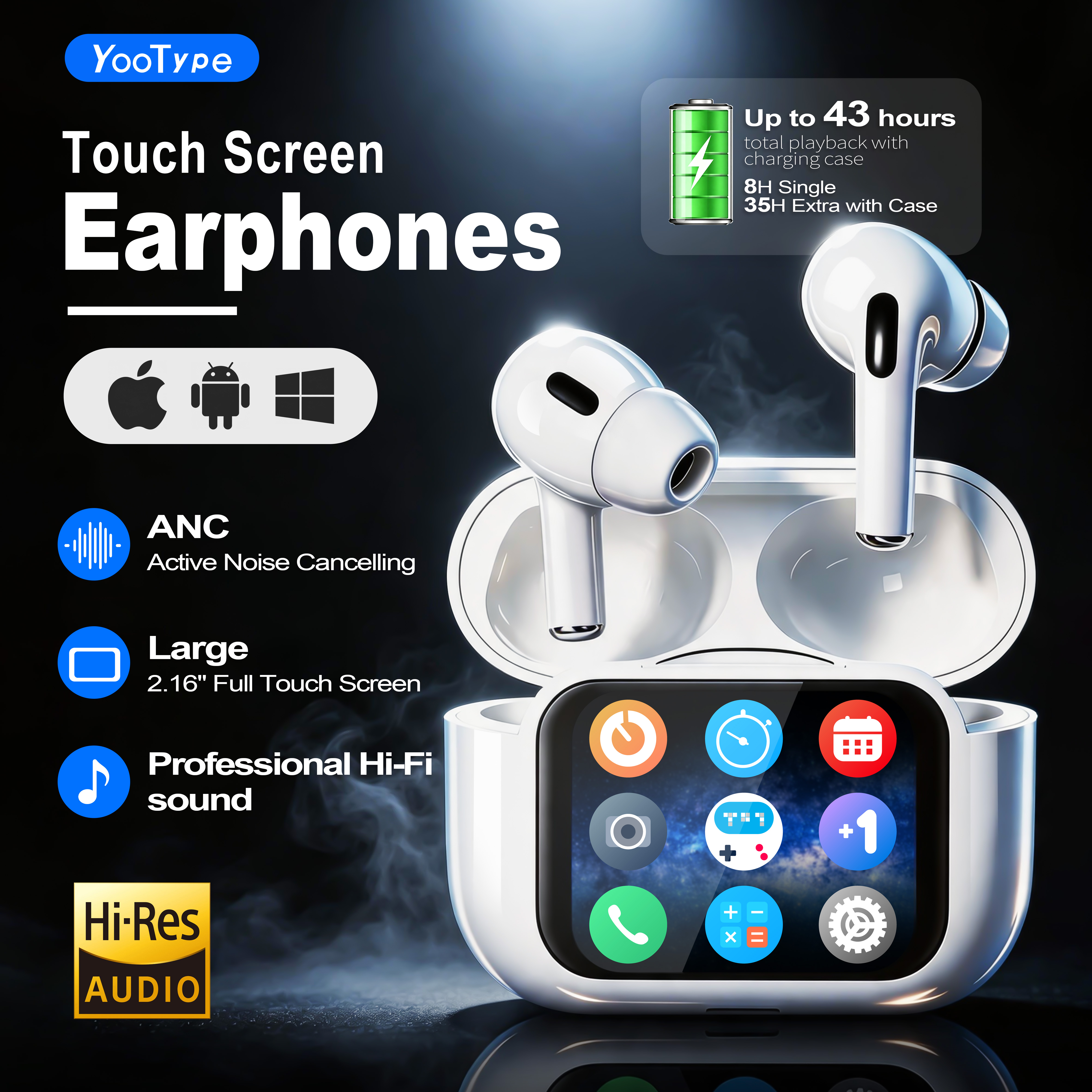 YooType E11 Smart Touch Screen APP Control ANC ENC Wireless Earphones 40H Playtime Find Earbuds TWS Earpods for iPhone Tecno